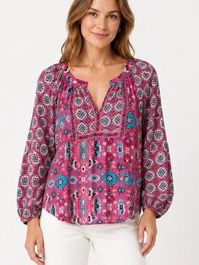 Tolani | Pink and Teal Printed Peasant Blouse Sz M EUC